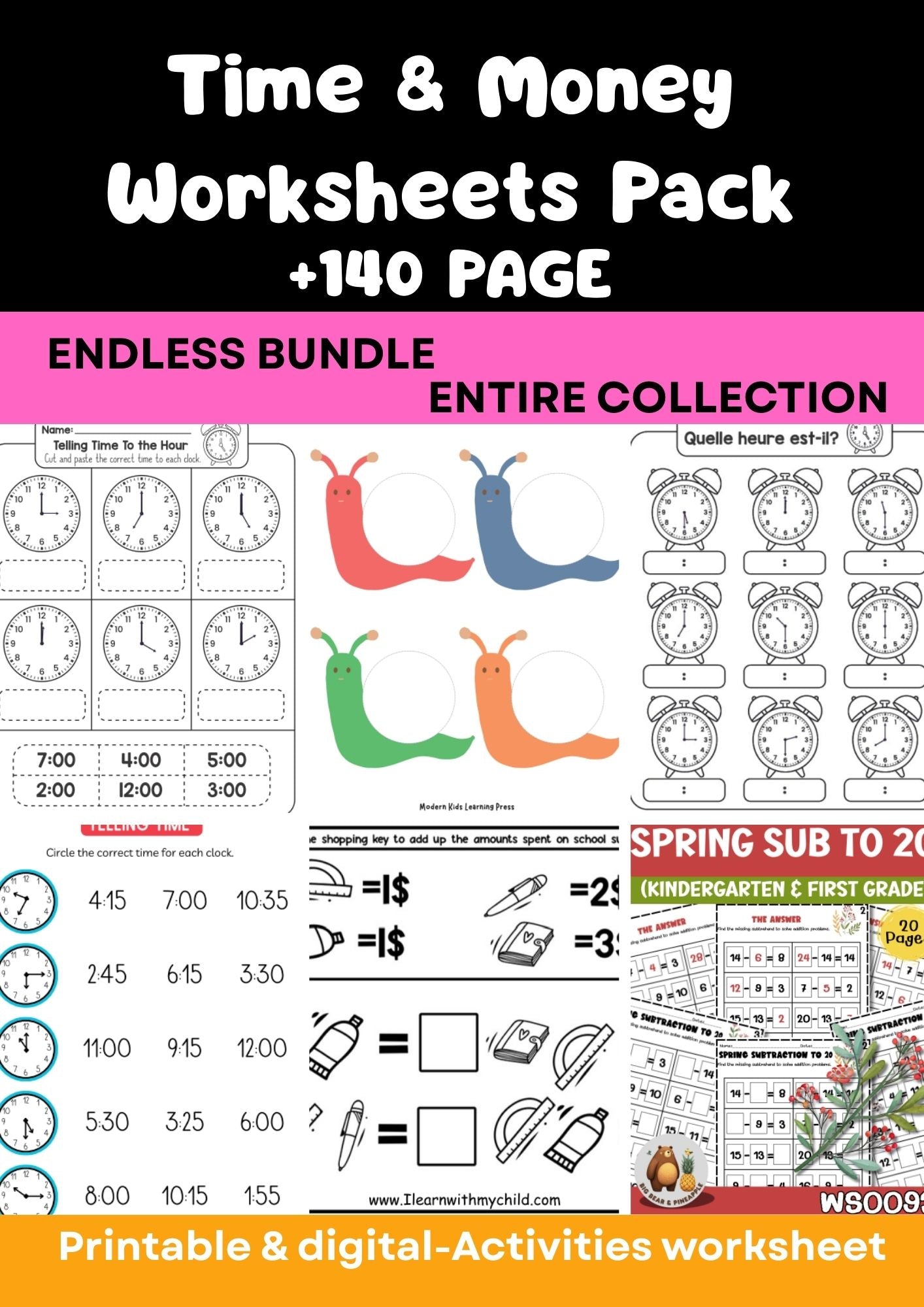 Time & Money Worksheets Pack